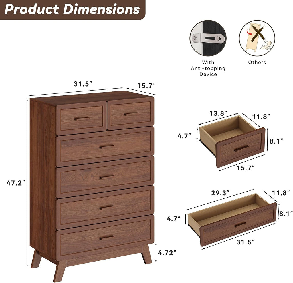 Walnut 6 Drawer Dresser , 47" Tall Chest of Drawers | Rounded Corner Safety Design, Stable 4-Leg Structure, Suitable