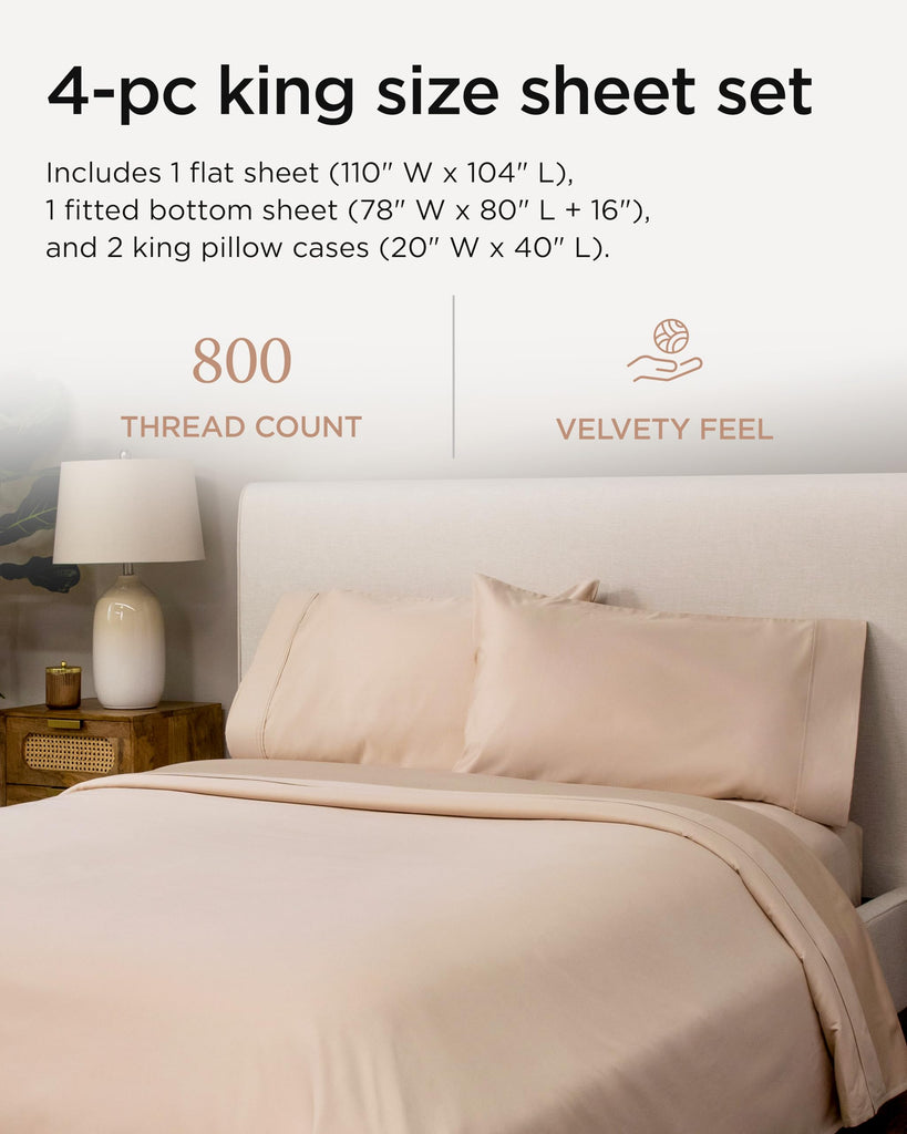 800TC Cotton Sheet Set, Sateen, Solid, Light Beige, 4-Piece