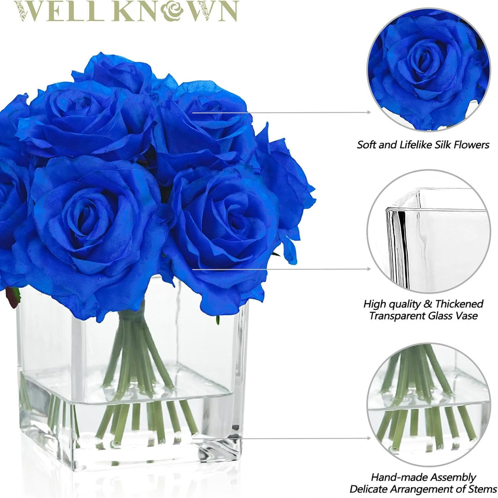Artificial Royal Blue Rose Flowers in Cube Vase with Faux Water