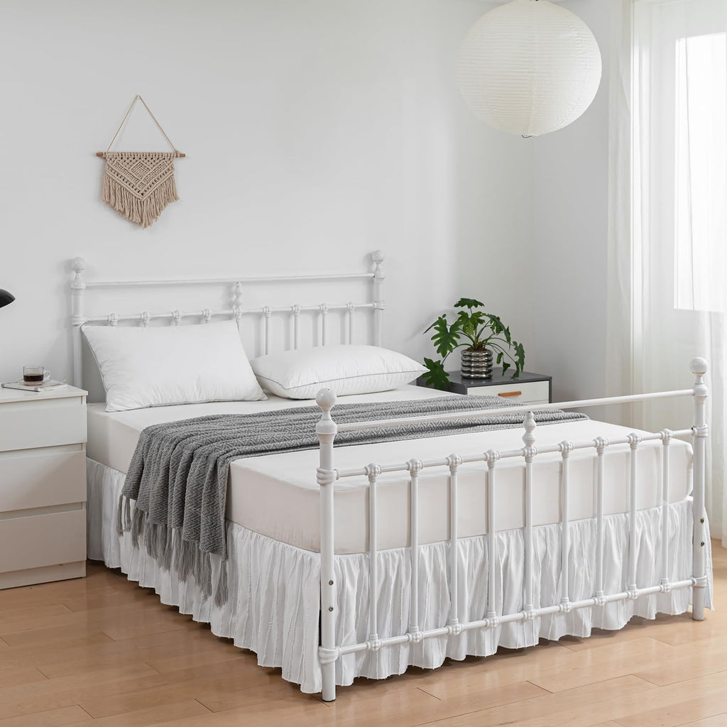 Bed Skirt Queen Size, Ruffled Bed Skirts 18 Inch Drop, White | Striped Boho Tufted, with Split Corners, Easy Fit