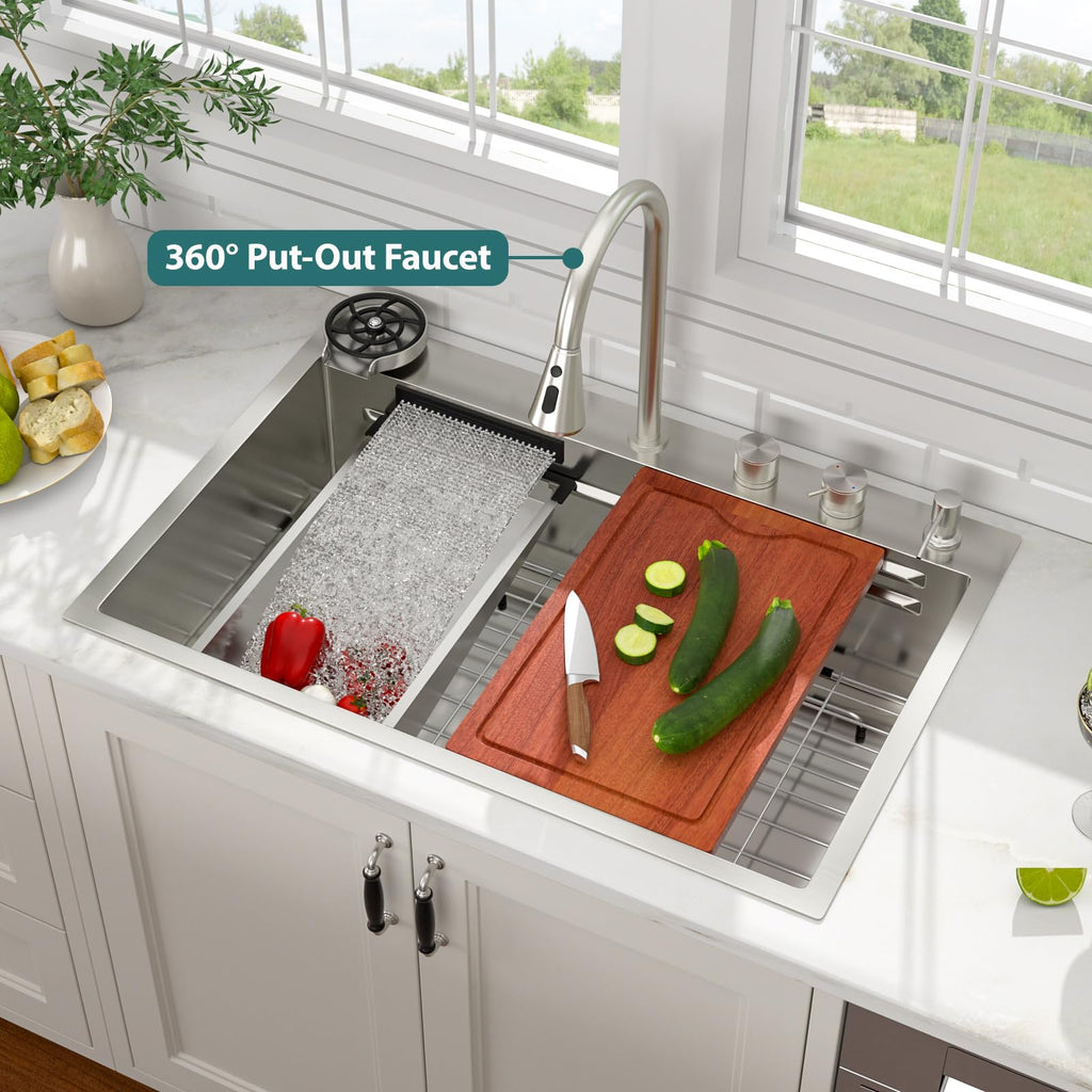 33x22 Inch Waterfall Kitchen Sink Drop In Multifunctional Workstation With Faucet Combo, Topmount 16 Gauge Stainless