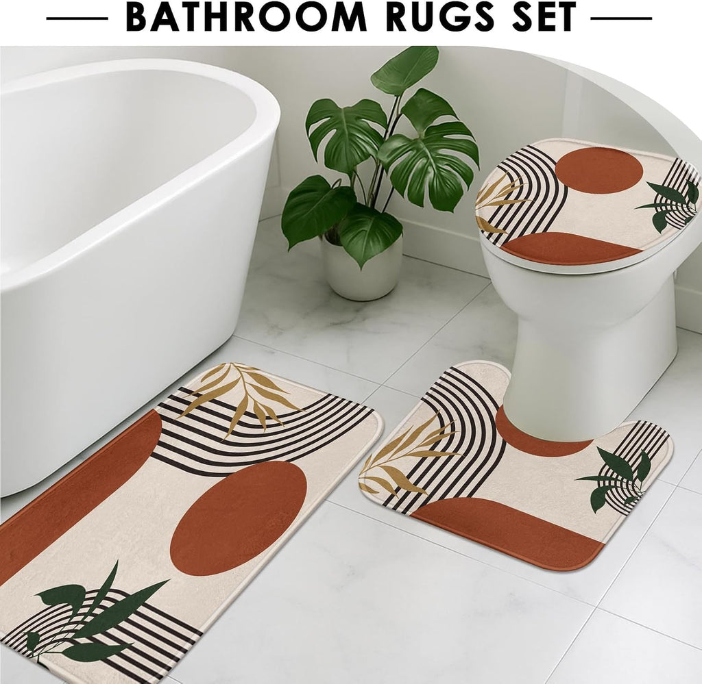 Boho Mid Century Shower Curtain Set with Toilet Lid Cover and Non-Slip Rugs, Abstract Geometric 4 Pcs Modern