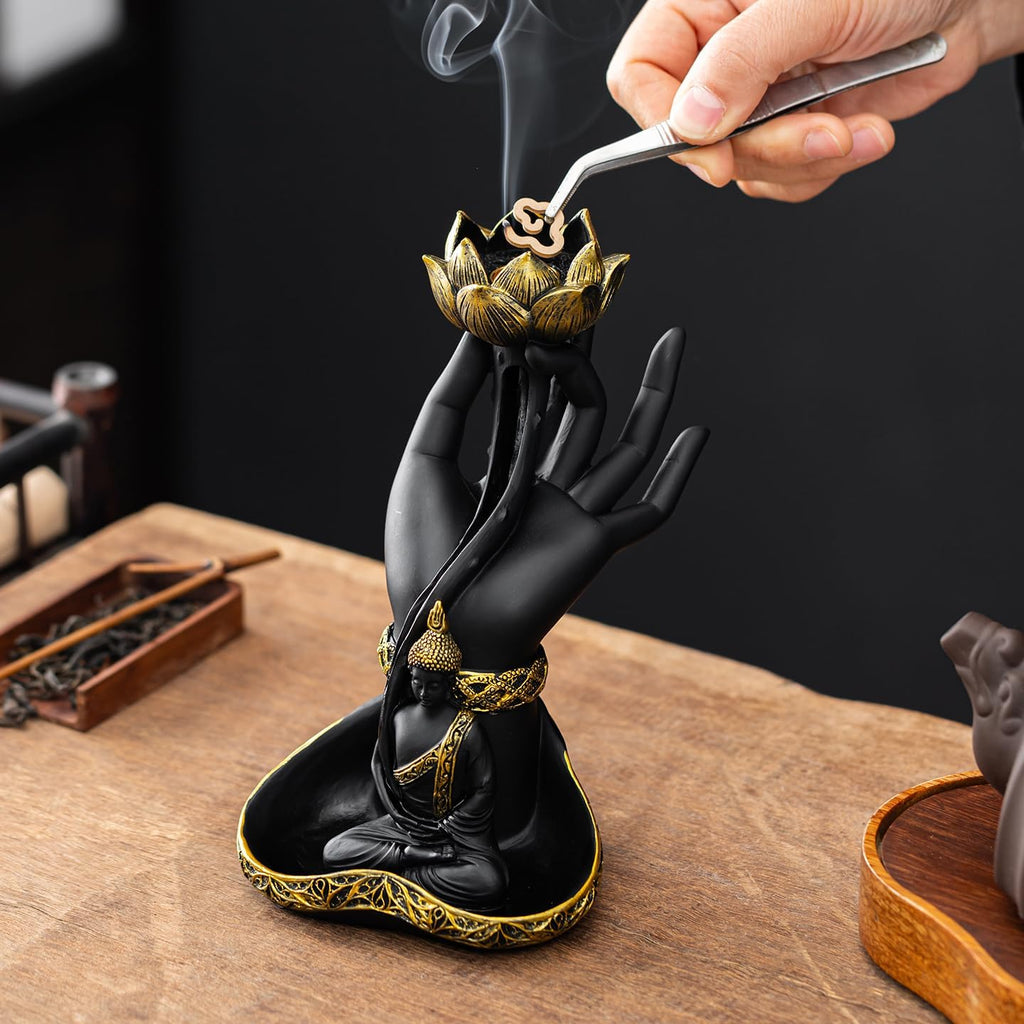 7.9 inch Resin Buddha Hand Backflow Incense Burner with Lotus