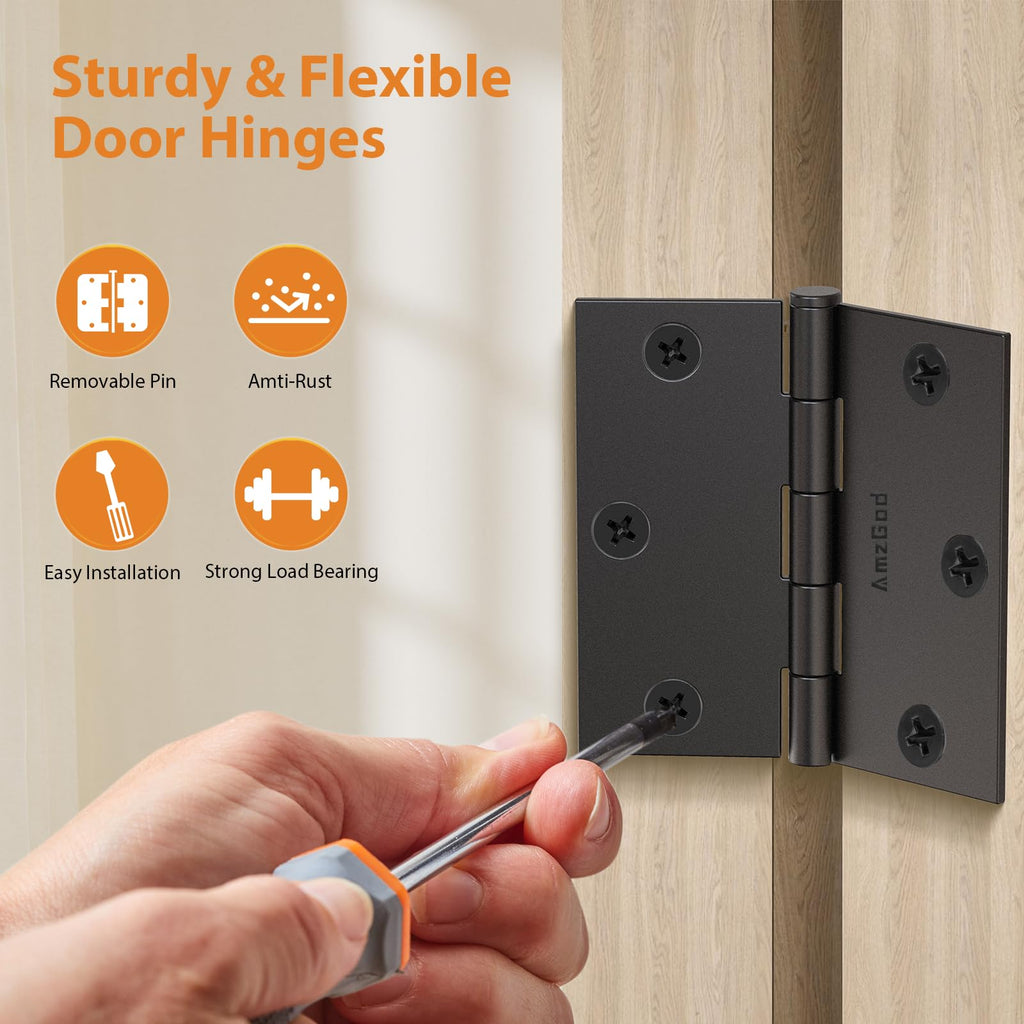 12 Pack 3.5 Inch Matte Black Door Hinges, Interior Door Hinges with Square Corner, 3 1/2" Residential Standard Black