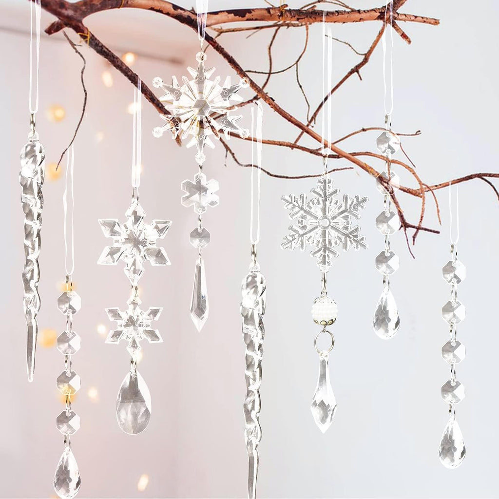 Crystal Christmas Tree Ornaments, Clear Acrylic Snowflake & Icicle - Set of 18