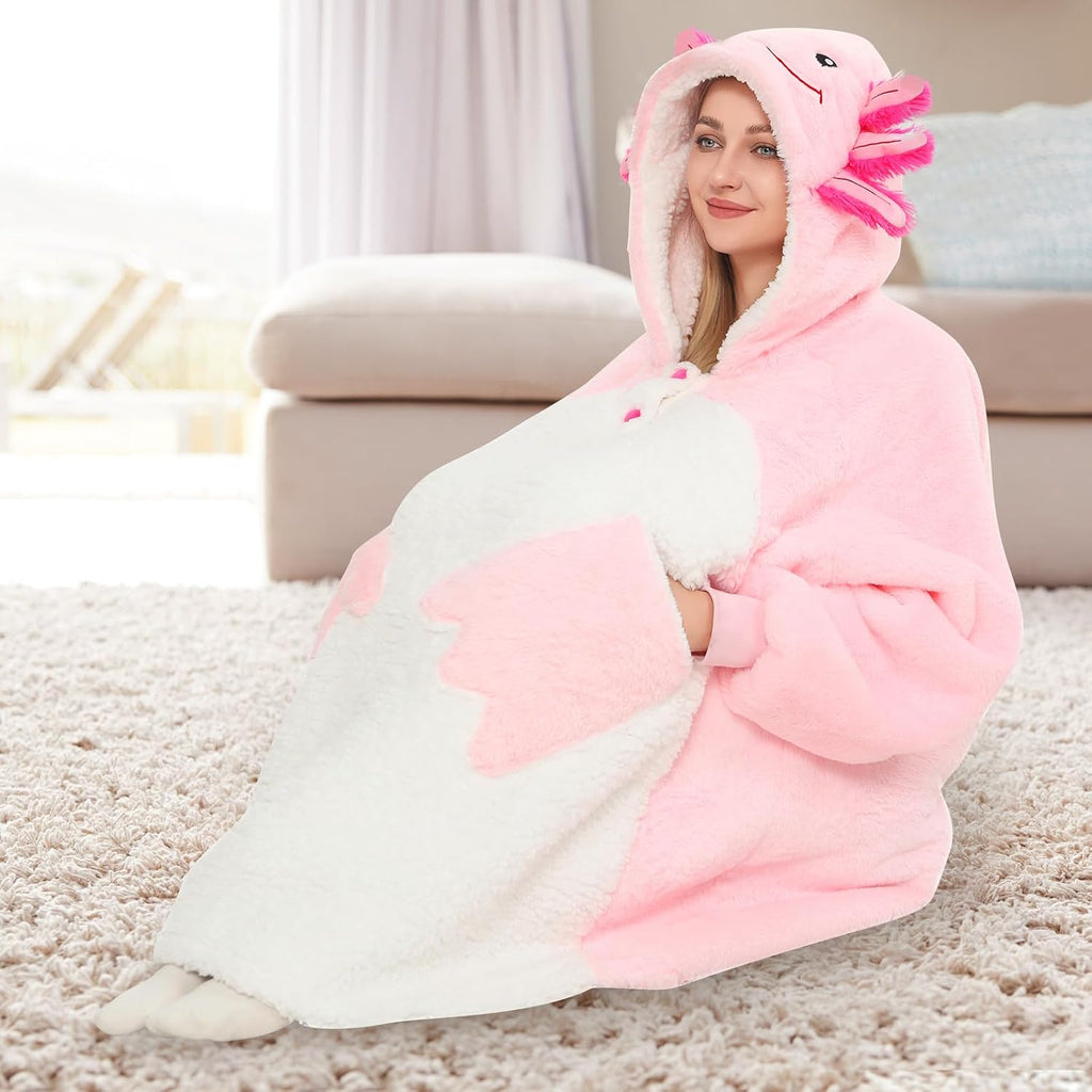 Axolotl Wearable Blanket Hoodie for Women & Men - Oversized Snuggable Sweatshirt with Paw Print Shaped Pockets