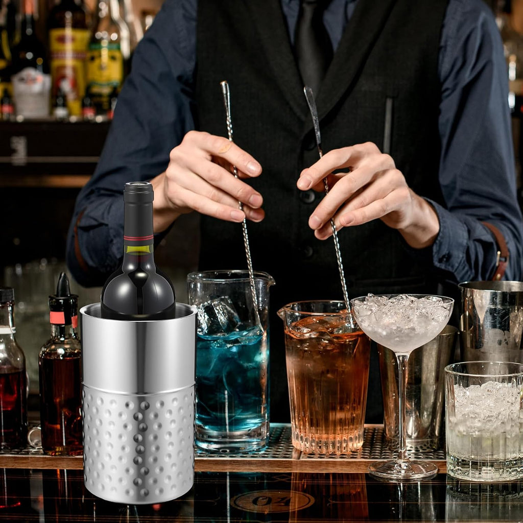 Wine Chiller Bucket Stainless Steel Double Wall Insulated Wine Cooler Bucket to Keep Cold, Hammer Pattern - Set of 12