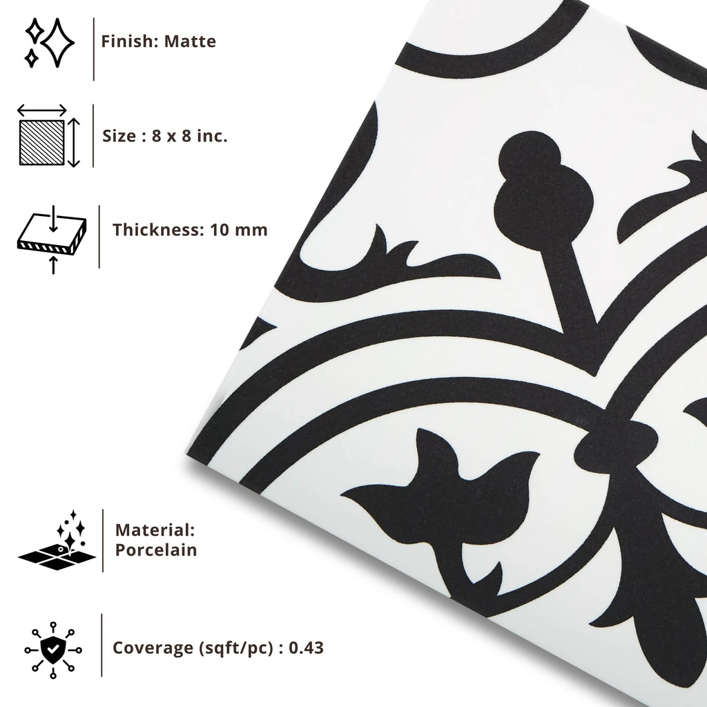 Noir Vine 8" x 8" Black and White Matte Porcelain Tile for Floor and Wall, Spanish Decorative Pattern, Indoor Outdoor