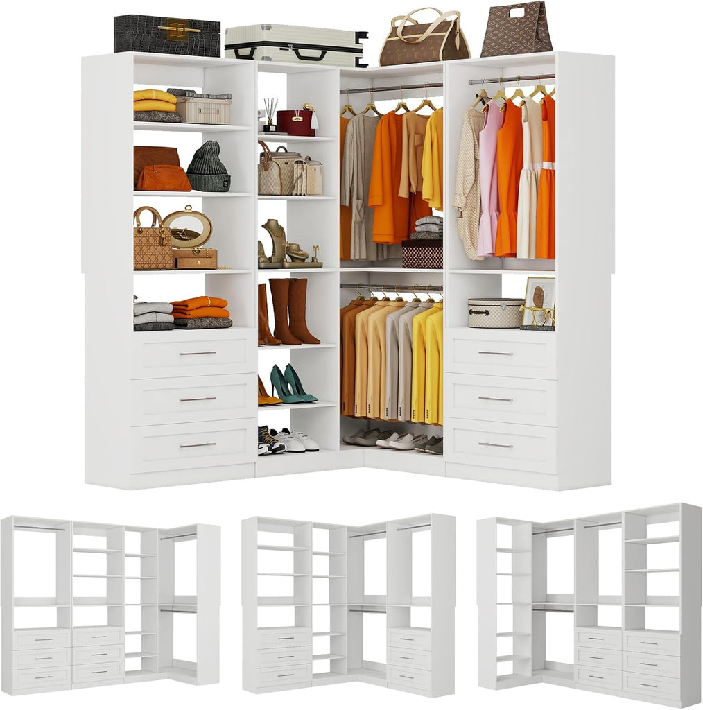 Closet System with 3 Sets, 6.5-16FT Corner Closet Organizer System with 6 Drawers & 11 Shelves & 6 Hanging Rods