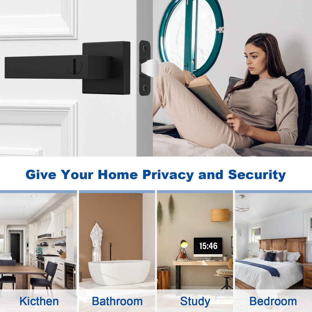 1 Pack Door Handle Black Interior Door Knobs, Keyless Privacy Door Lock, Heavy Duty Zinc Alloy, Door Lever Set