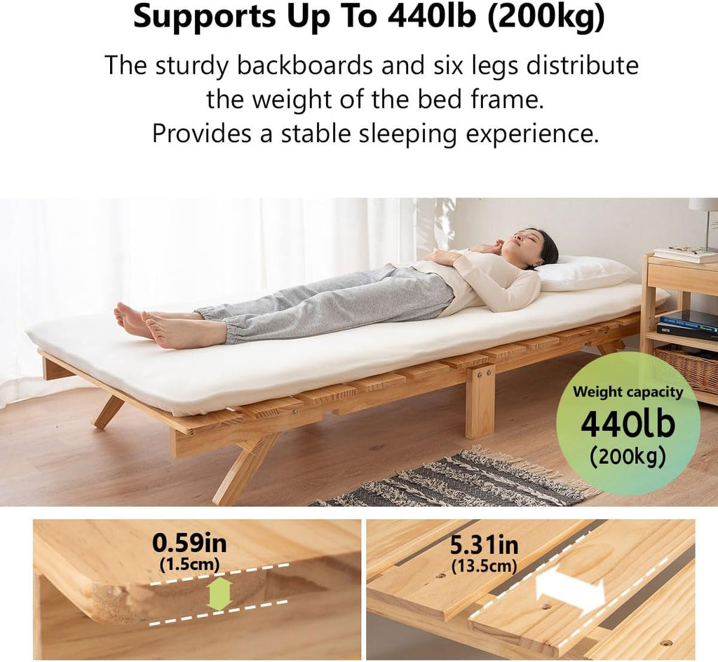 Foldable Wood Slatted Floor Bed Frame for Japanese Futon Mattress Solid Pine (Retro-Brown), Foldable and