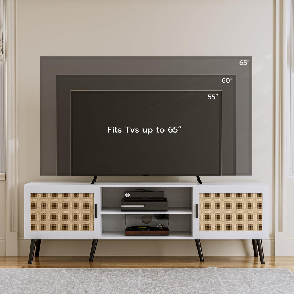 TV Stand with Rattan Doors for TVs up to 65", Mid-Century, White