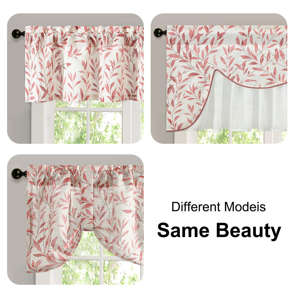Red Leaf Print Linen Textured Valance, 52 x 14, 1 Panel