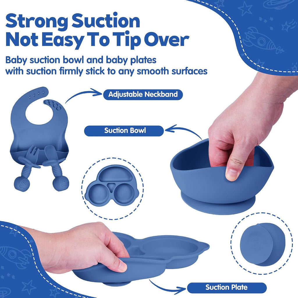 Feeding Set, Baby Led Weaning Supplies Kit With Suction Bowl & Car Plate, Bib, Spoon, Fork, Cup - Food-Grade