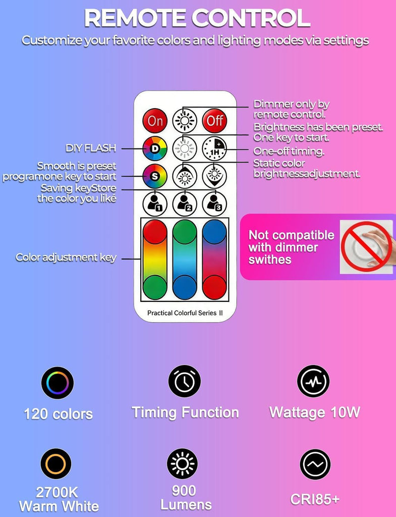 Color Changing LED Light Bulb, 120 Colors, 2700K Warm White, 70 Watt Equivalent, DIY Strobe, RGB with Remote Control