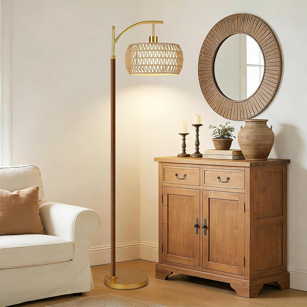 Wood Floor Lamps Arc Boho Floor Lamp with Remote Control & 3 Color Temperatures, Vintage Wicker Rattan Standing Lamp