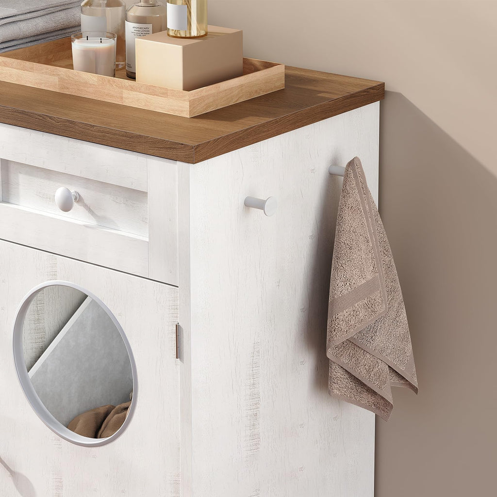 Double Laundry Hamper Cabinet, Hidden Laundry Cabinet with 2 Drawers & 2 Baskets, 20 Gallon Farmhouse Bathroom