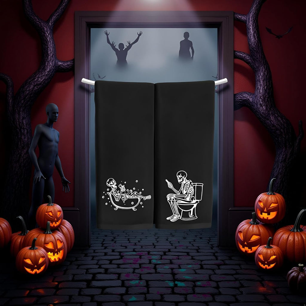 Luminous Halloween Hand Towels 100% Cotton Embroidered Skull Halloween Kitchen Towels Glow in The Dark Black - Set of 2