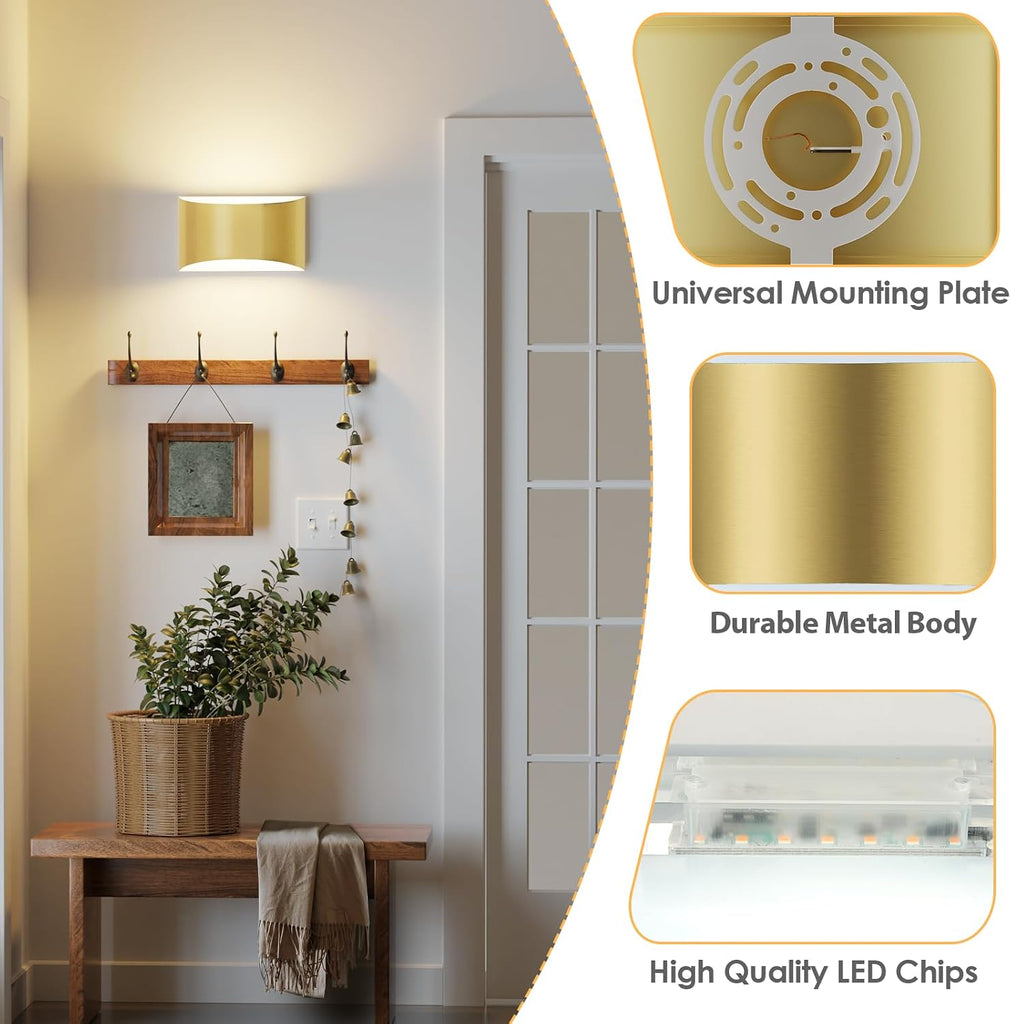 Modern LED Wall Sconces Set of 2, 3000K Warm White Up and Down Mount Light, Gold Hardwired Interior Wall Lights Lamp