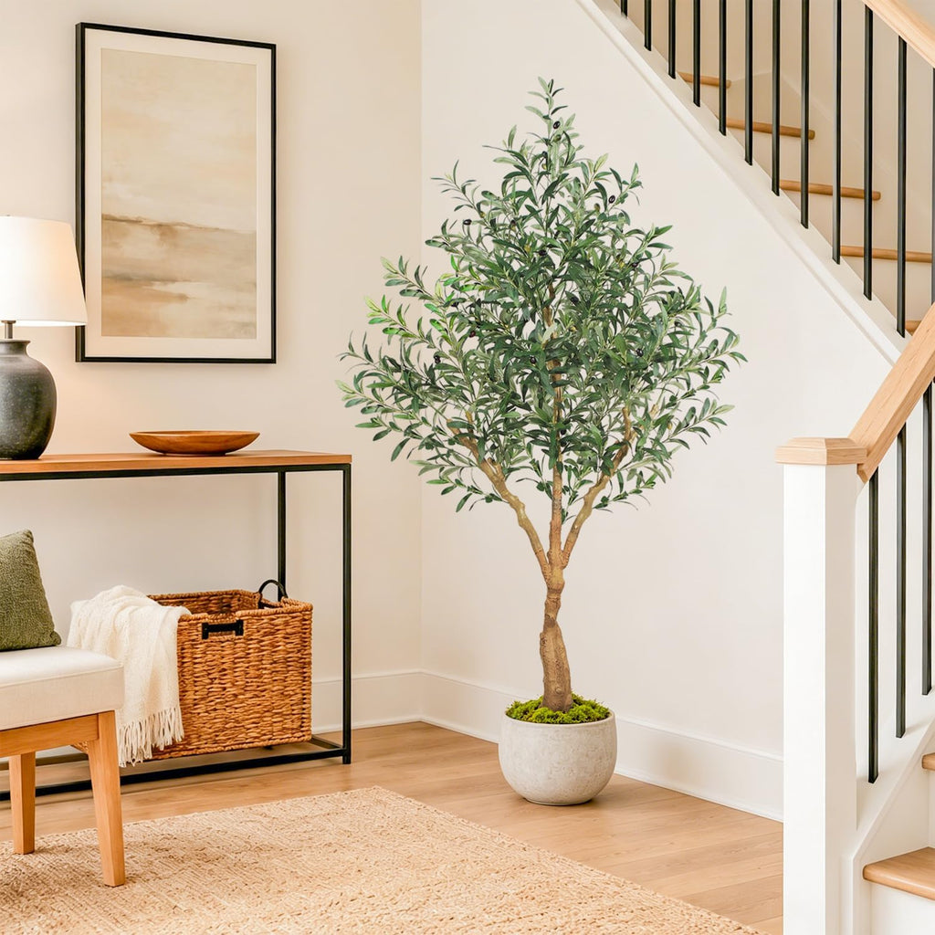 Olive Trees Artificial Indoor, 6FT Tall Faux Olive Tree with Lush Leaves and Lifelike Fruits, Artificial Plants