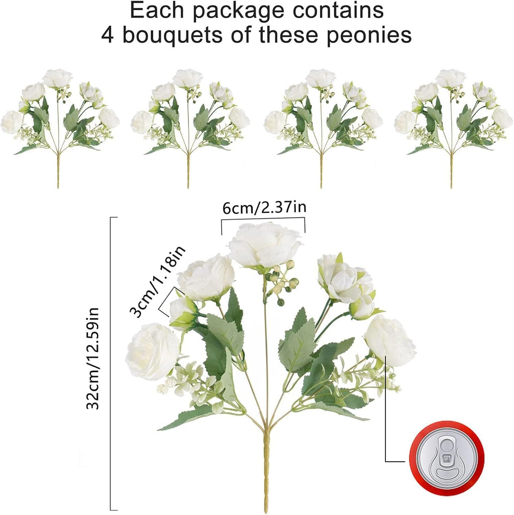 Bundles Artificial Peonies Silk Flowers, White Faux Peony Bouquet Florals Arrangements Decor for Farmhouse Home - Set of 4