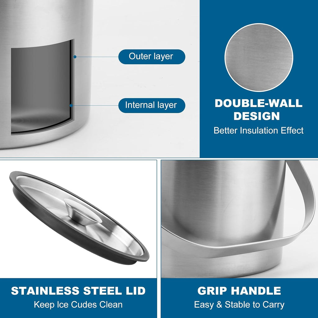 4L Stainless Steel Ice Bucket for Parties Double wall with Lid,Scoop& Tongs