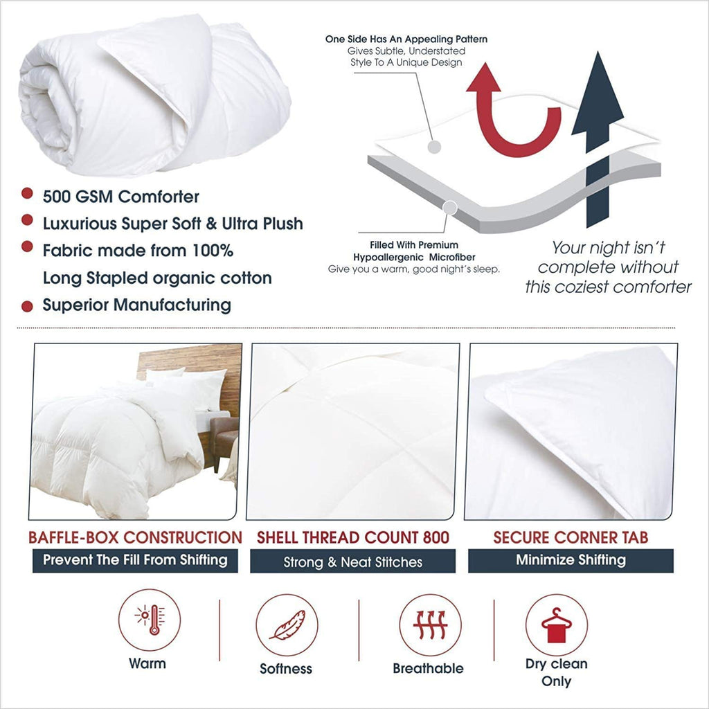 100% Organic Cotton Comforter Luxury and Premium Quality Quilted with Corner Tabs 500 GSM GOTS Certified 800 TC All