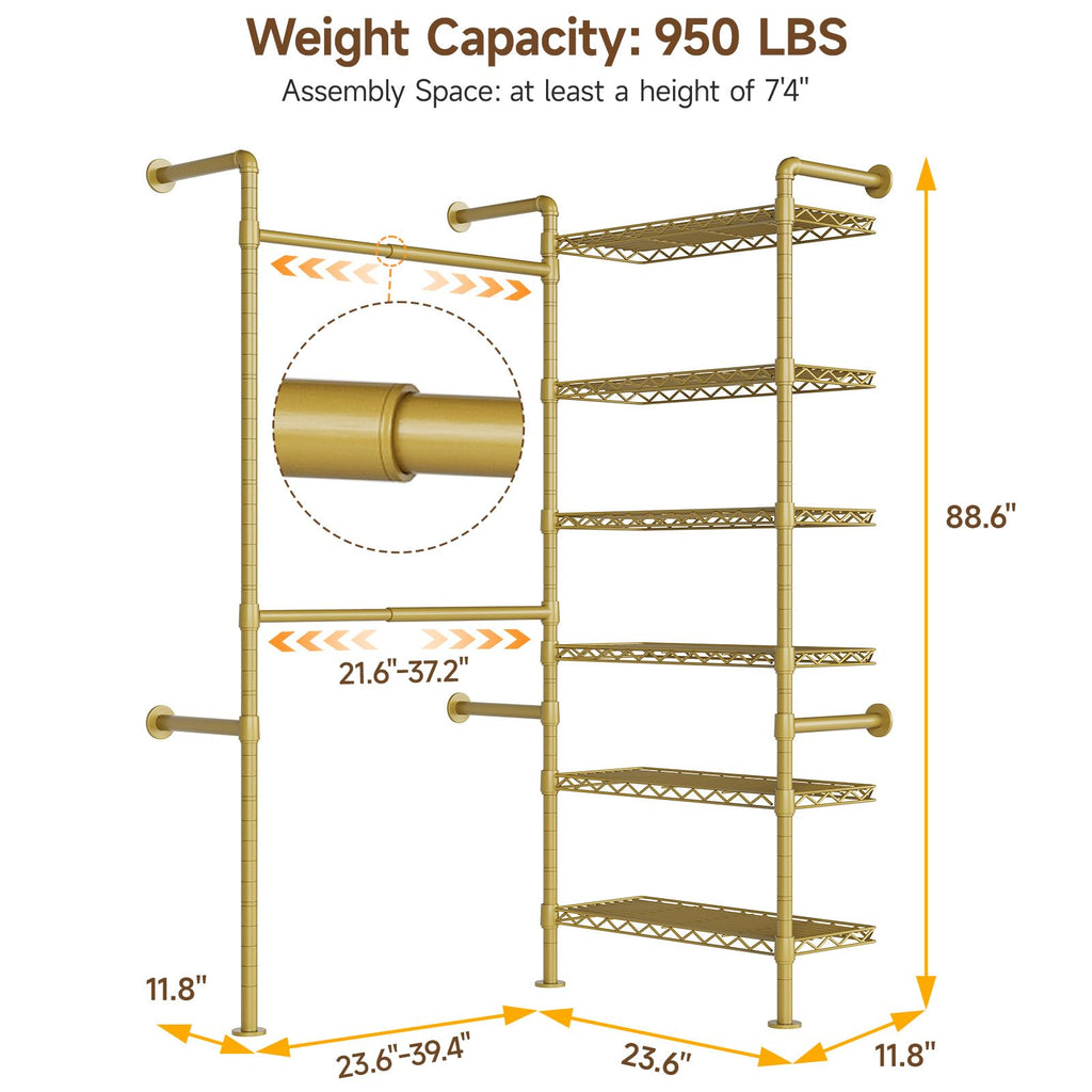 L2 Wall Mounted Closet System, Industrial Pipe Clothing Rack, Gold