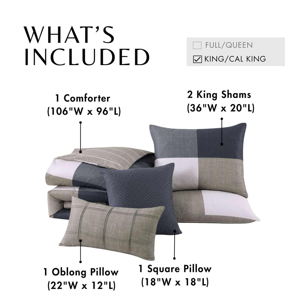 Checkered Navy Tan 5 Piece Reversible Comforter Set
