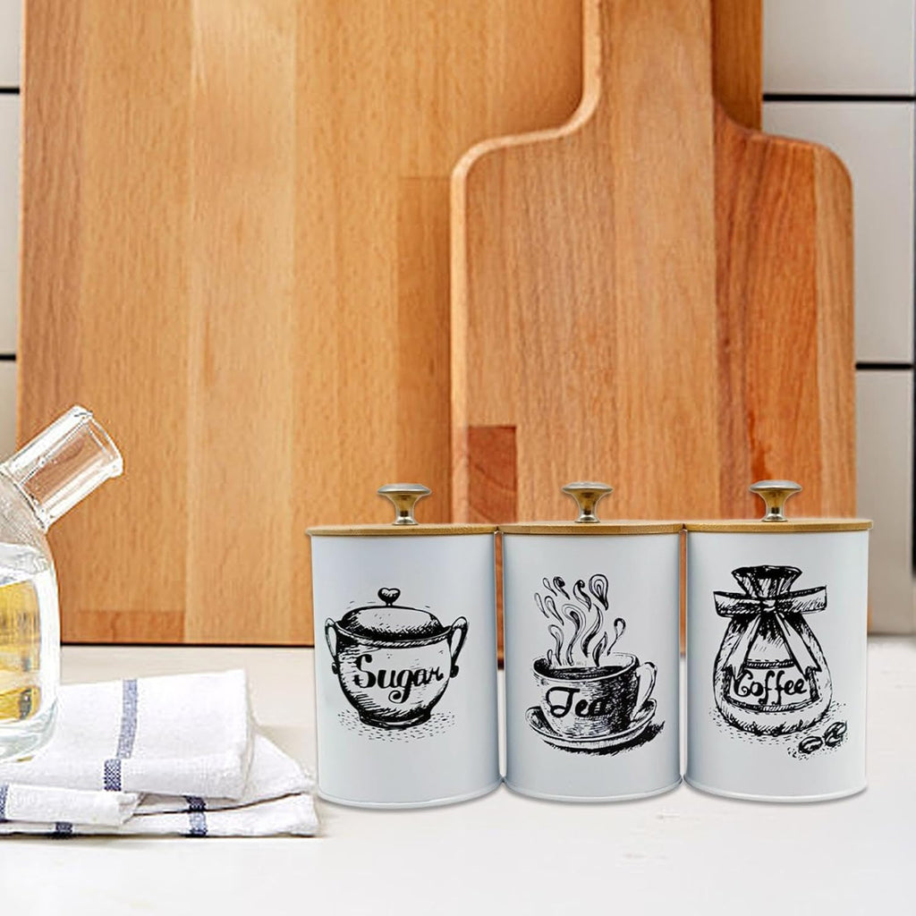 3-Piece Kitchen Canister Set for Coffee Tea Sugar, Iron and Bamboo Countertop Storage Jars with Dustproof Lids - Set of 3