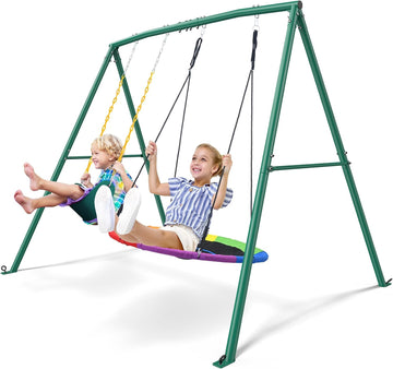 440lbs Swing Sets for Backyard, 2 Seat Saucer & Belt Swing - Green | Dual Swing Options, Heavy Duty A-Frame Metal