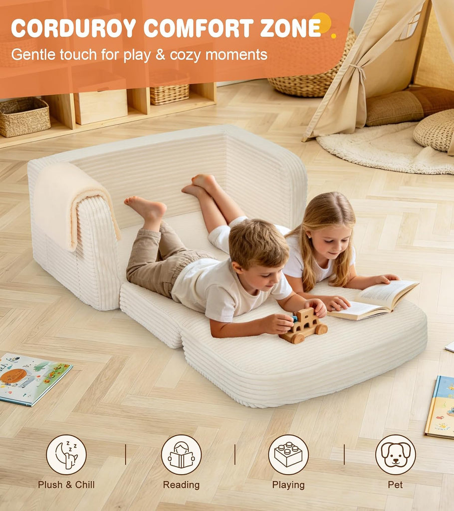 Extra Wide in-1 Convertible Kids Couch | Large Corduroy Toddler Sofa Chair with Storage Pocket & Blanket | Foldable