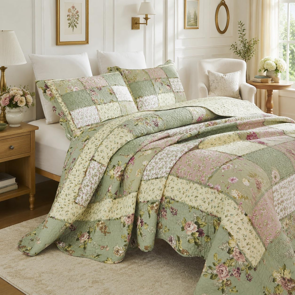 Quilt Set Cotton Patchwork Quilts Green Rose Floral Quilted Comforter Set Country Rustic Coverlet Set