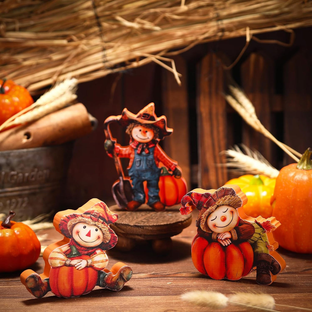 Fall Wooden Scarecrow with Pumpkins Table Decor Set - Set of 3