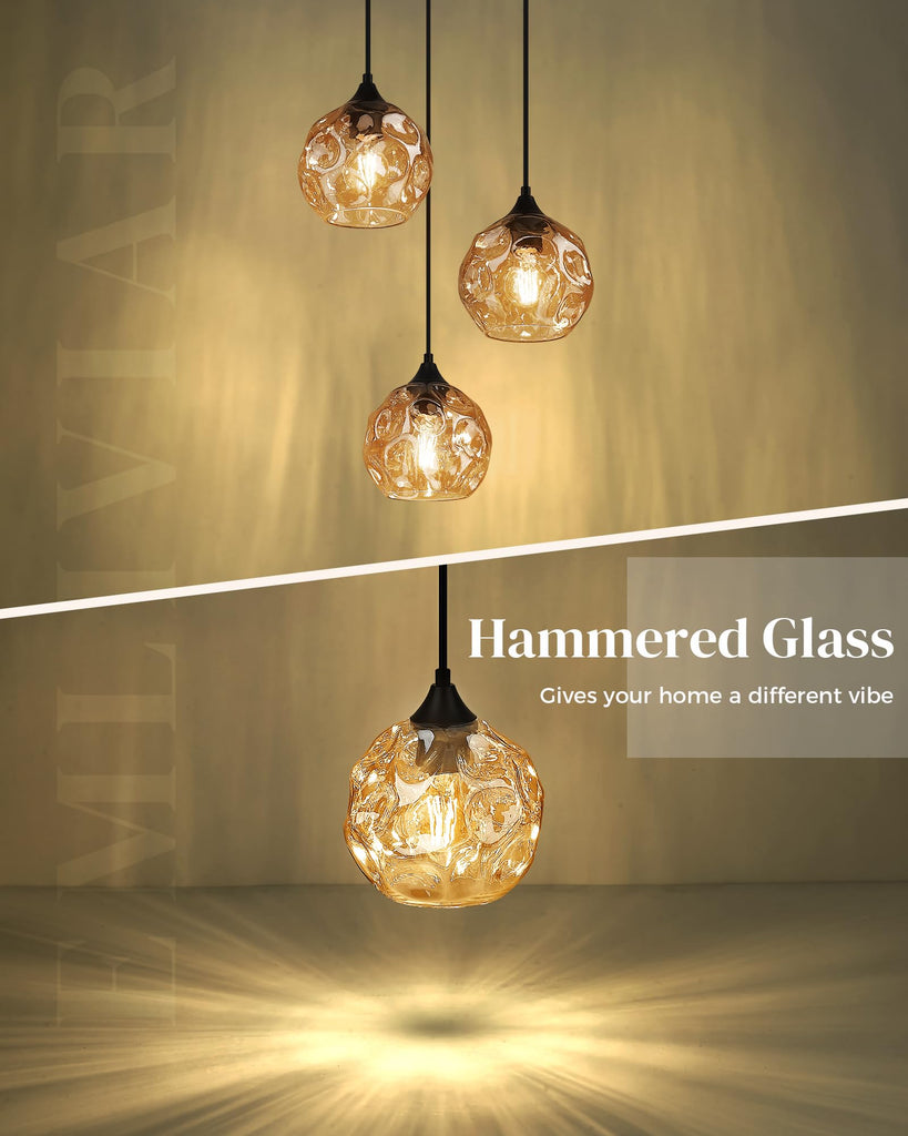 Cluster Pendant Lamp with Hammered Glass, Linear Barn Hanging Pendant Lighting in Amber Finish, DYE287G2-3 BK