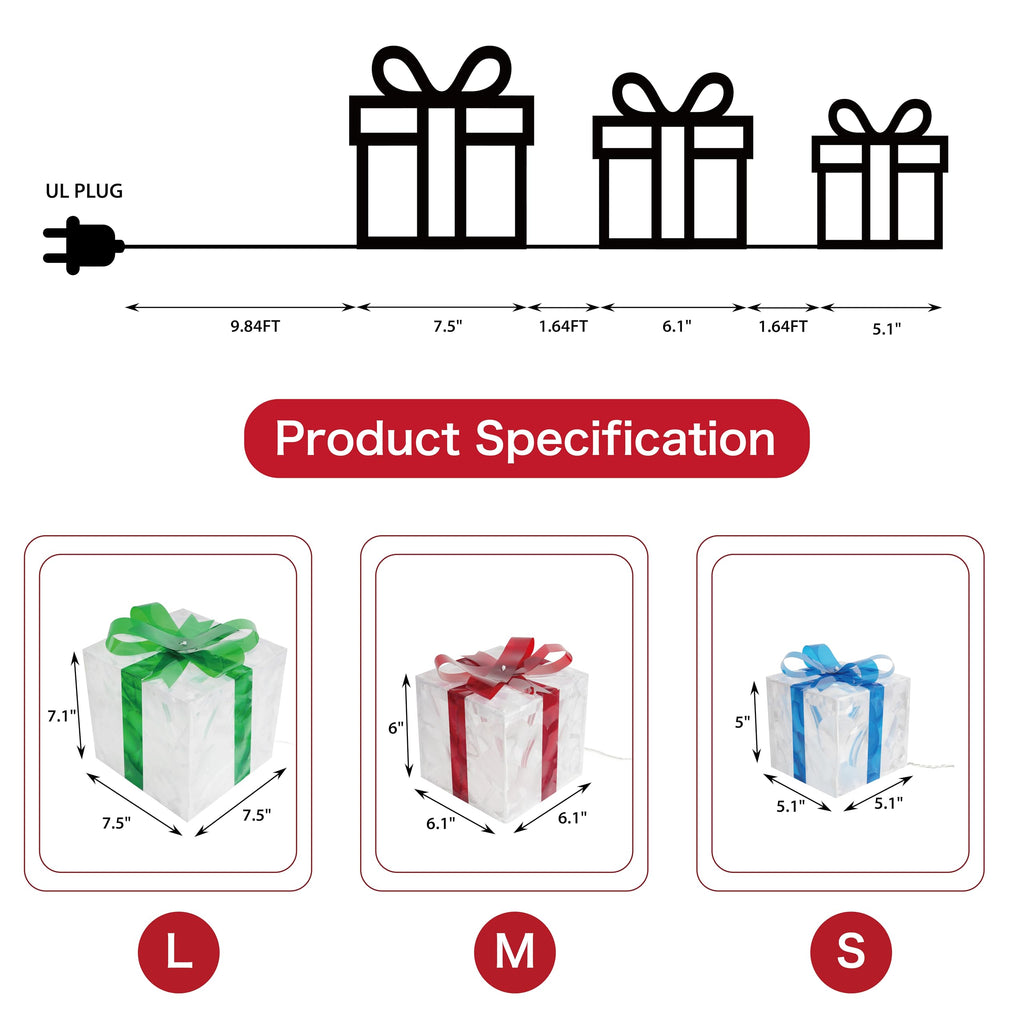Set of 3 Christmas Lighted Gift Boxes, 60 LED Light Up Present Boxes for Christmas Decorations Indoor Outdoor Yard
