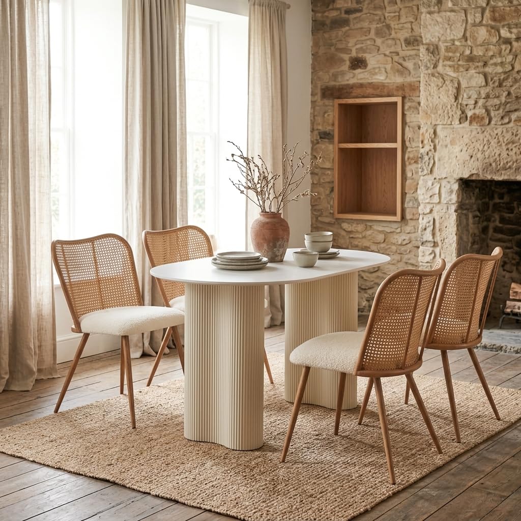 Rattan Dining Chairs Set of 4, Modern Chairs with Cane Back Upholstered Boucle Kitchen Chairs Armless Side Chair with