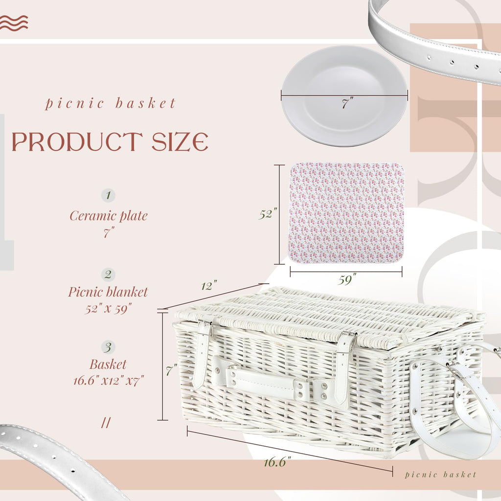 Wicker Picnic Basket Set for 4, Blanket, Cooler Bag, White Floral