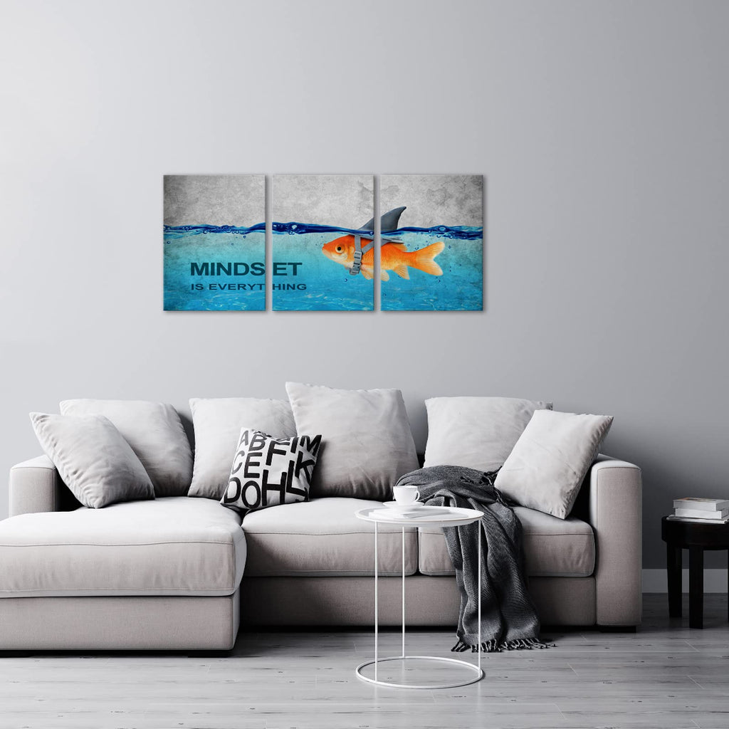3 Panels Modern Framed Inspirational Quote Canvas Wall Art-Mindset is Everything Goldfish Strong Shark Motivational