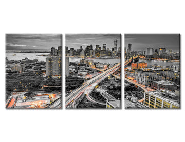 Brooke Bridge, Manhattan, New York Skyline Black and White Wall 3 Pieces Nighttime Lightscape Bedroom Living Room