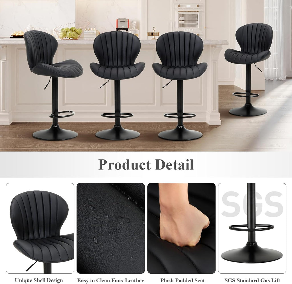 Bar Stools Set of 4, Modern Swivel Bar Chairs, Adjustable Faux Leather Upholstered Barstools Counter Height with High