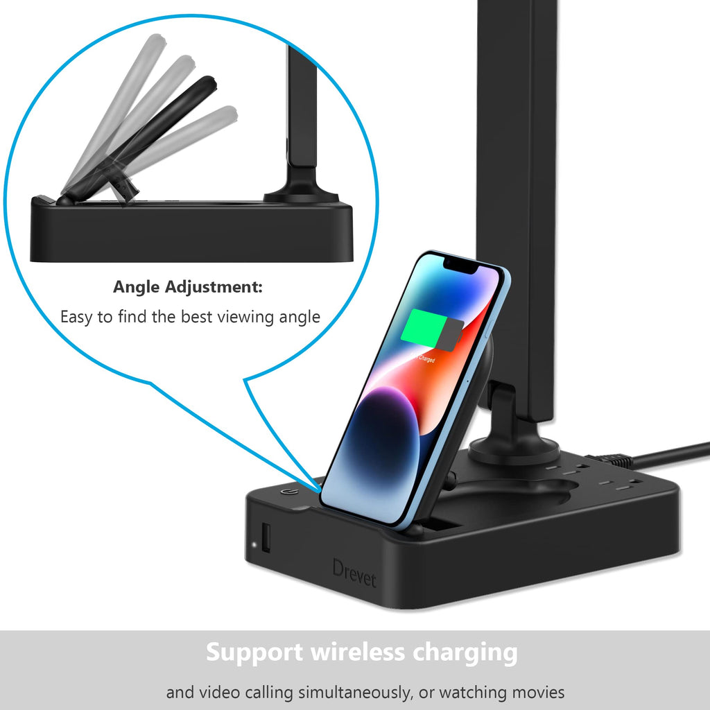 LED Desk Lamp with Wireless Charger, Desk Table Light with USB Charging Port and 2 Outlets, 3 Lighting Modes, 3 Level