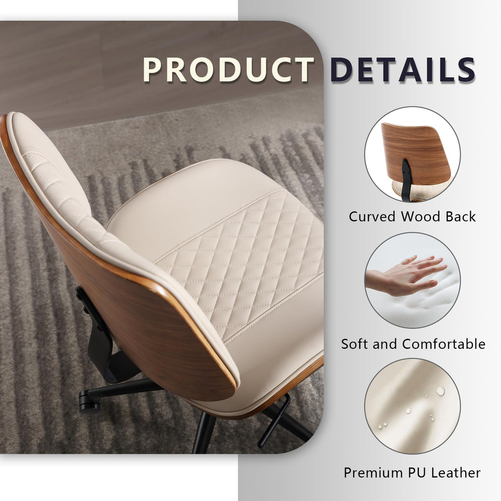 Office Chair No Arms with Wheels, Mid Back Walnut Style, Beige