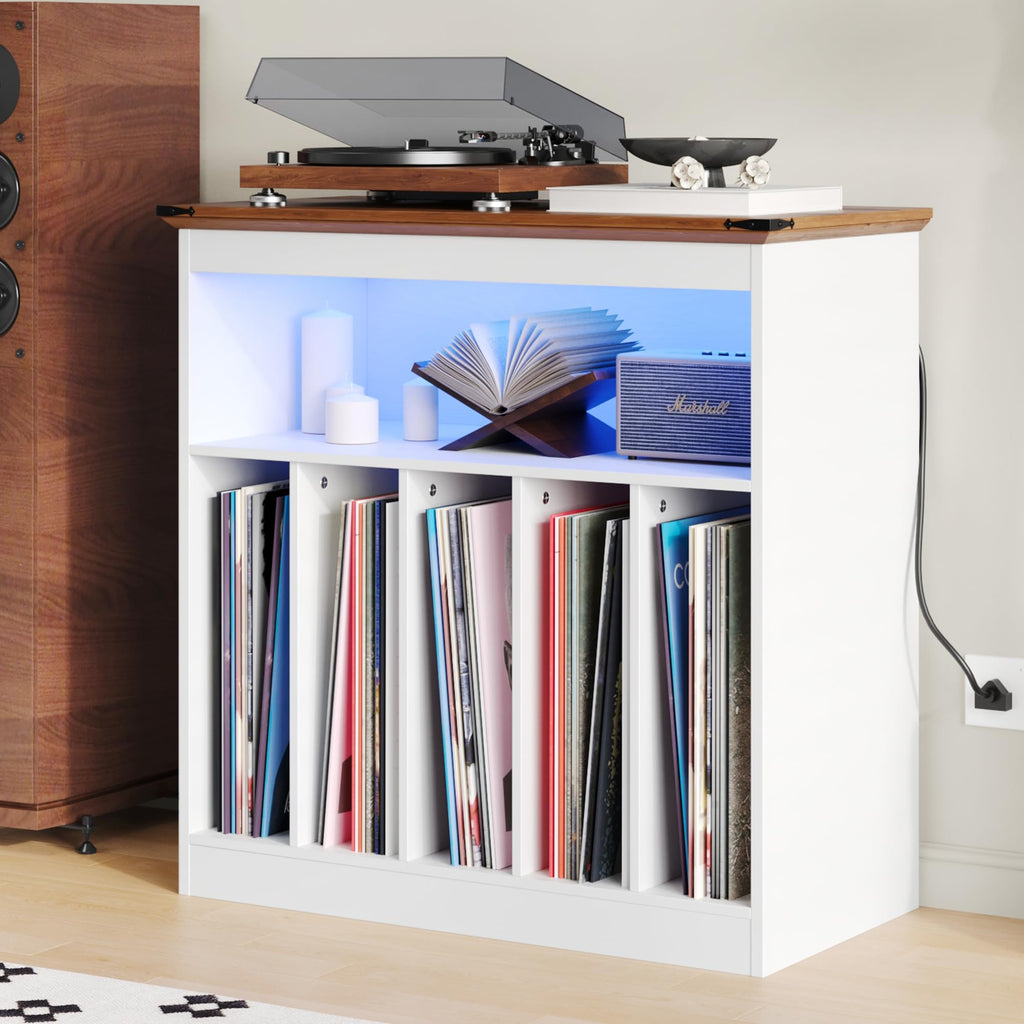 Farmhouse Large Record Player Stand with Power Outlets & LED Lights, Vinyl Record Stand hold up to 150 Albums