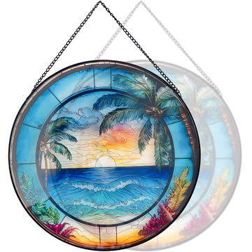 Blue Ocean Sunset Glass Window Hanging Decor, 8" Stained Glass Sun Catcher Hanging Decoration with Metal Chain-Sun