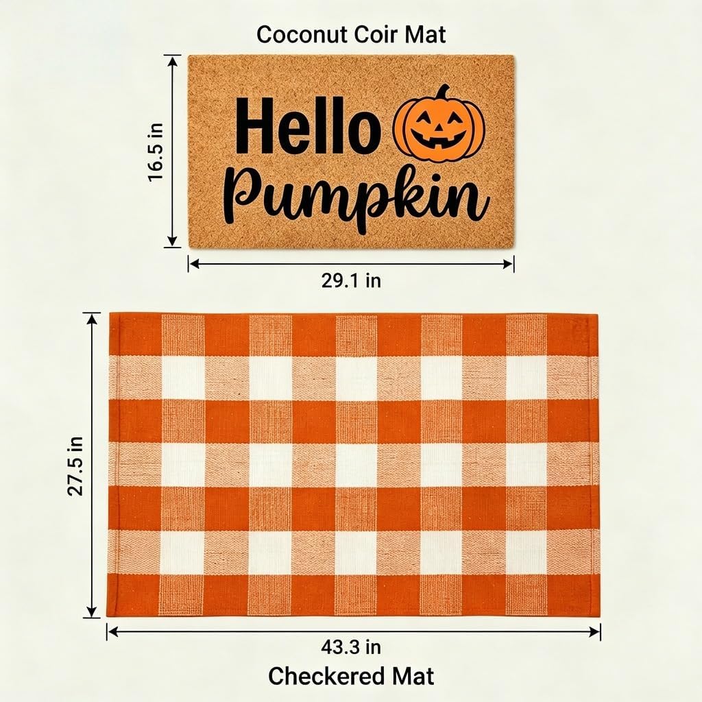 Halloween Layered Front Doormat Set, Hello Natural Coco Coir Door Mat + 28"x43" Orange White Buffalo Plaid Rug