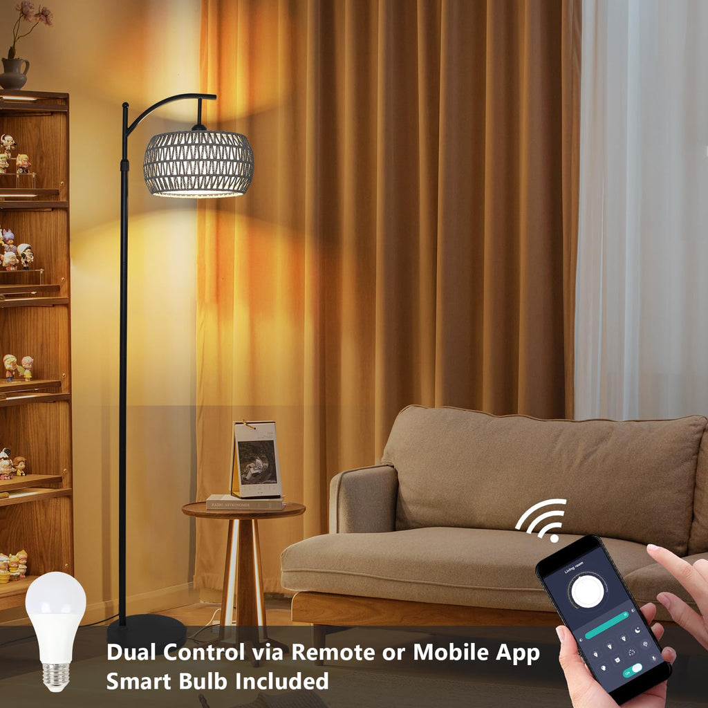 Arc Floor Lamp, Boho Standing Lamp with Remote & LED Smart Bulb, Rattan Floor Lamps with 3 Color Temperatures
