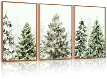 Winter Pine Trees Framed Canvas Wall Art Set Of 3, Minimalist Snow Covered Pine Decor, Nature Snowy Forest Wall