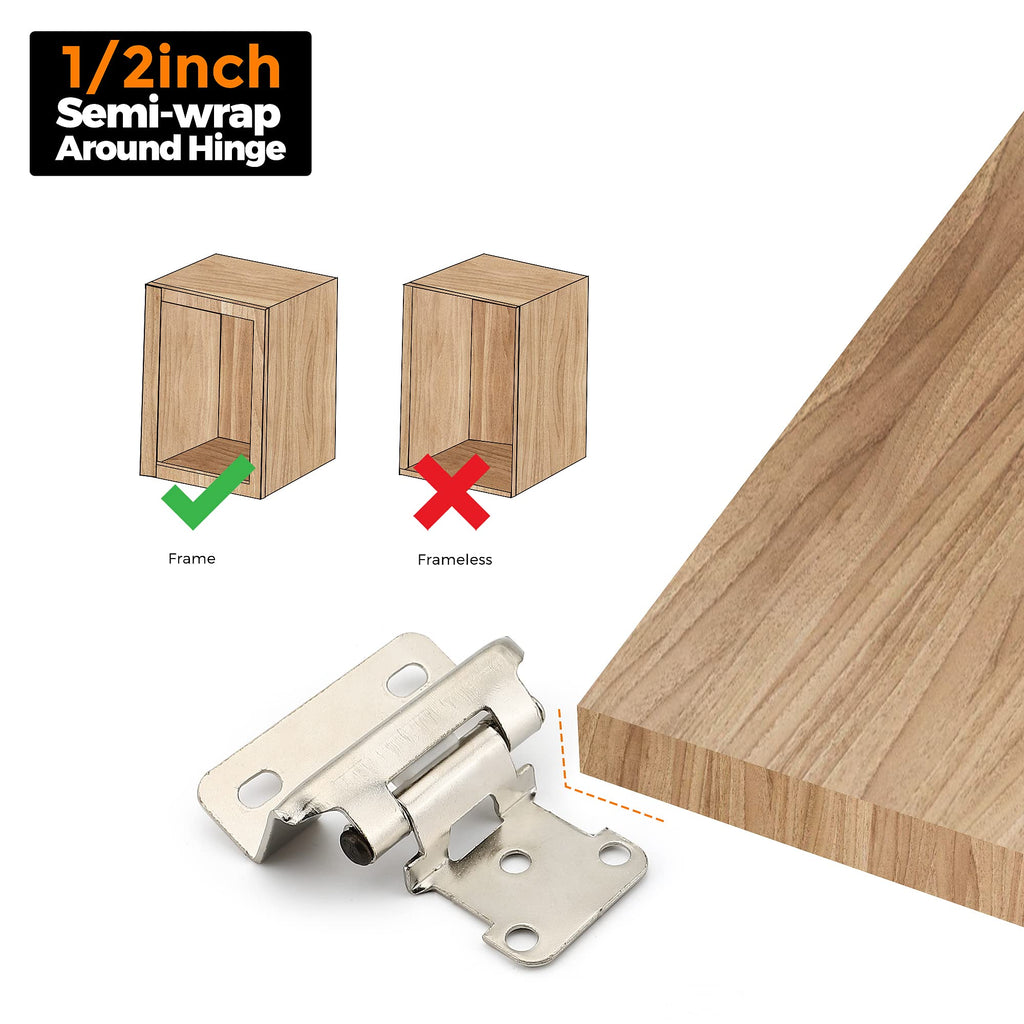 Satin Nickel Kitchen Cabinet Hinges, Semi Wrap 1/2" Overlay, 60 Pack