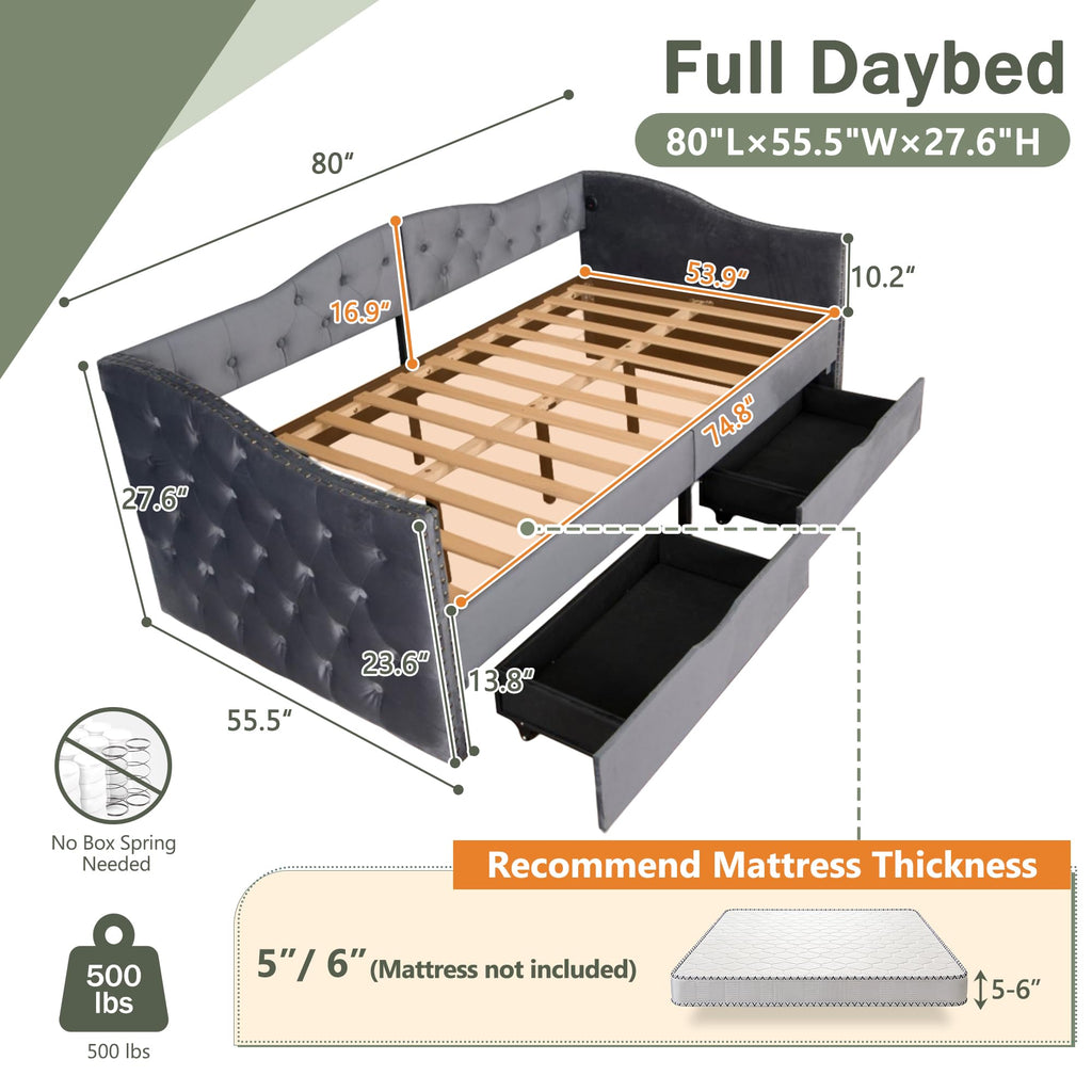 Full Size Daybed with Storage Drawers, Upholstered Daybed